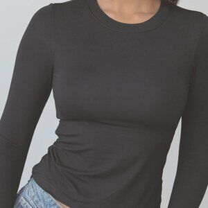 Klassy Network Solid Crew Neck Braless Long Sleeve Brami Shirt in Black